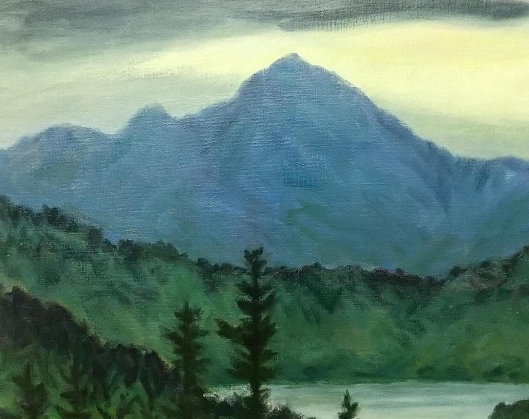 F15「雨の山湖」2002 平成14年 油絵 絵画