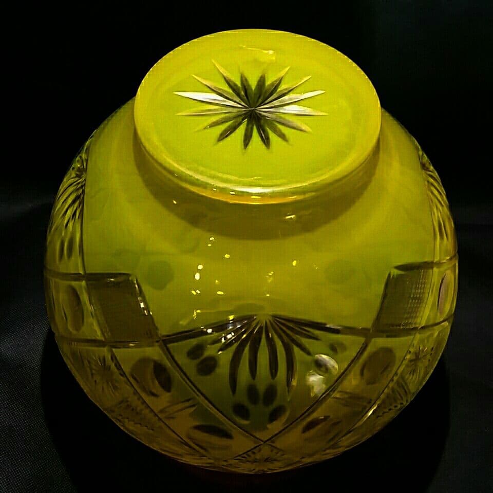 【切り子】★色被せ 黄色 切子 花瓶 花器 フラワーベース カットイエロー
