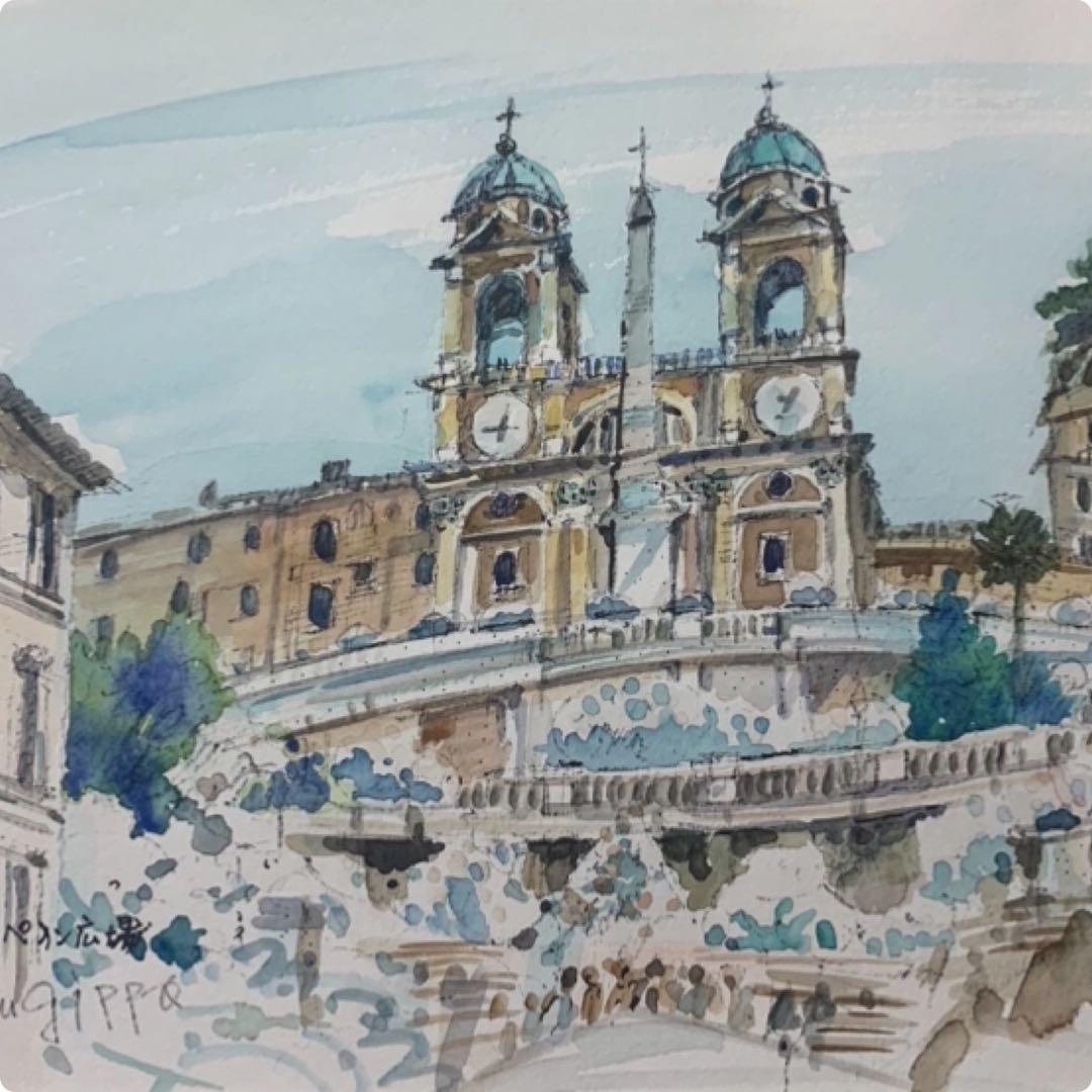 真作　絵画　水彩肉筆画　鶴十帆（カクジッポ）『スペイン広場』直サイン有り