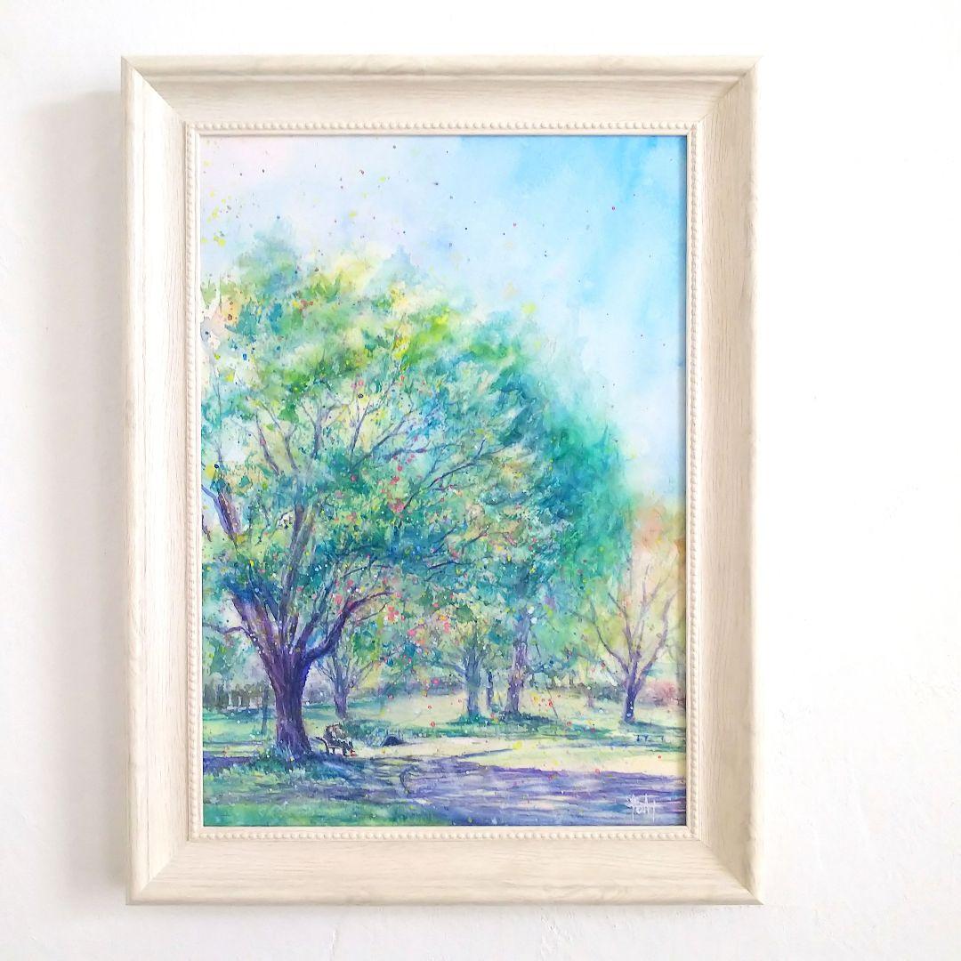 癒しの水彩画1020 新緑の公園