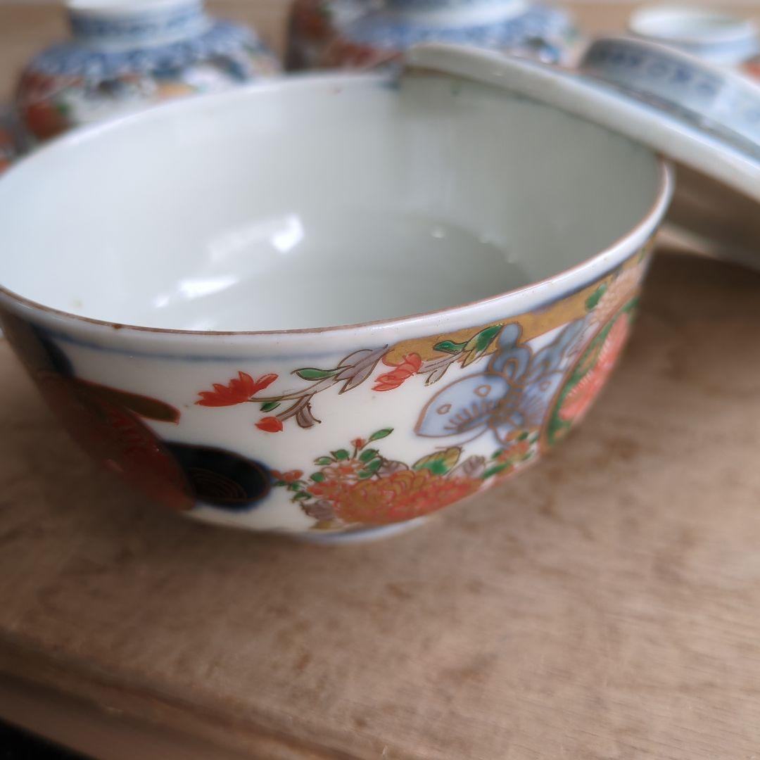骨董 古伊万里 染錦 蓋茶碗 茶碗 煮物碗 色絵 アンティーク 5つ〜