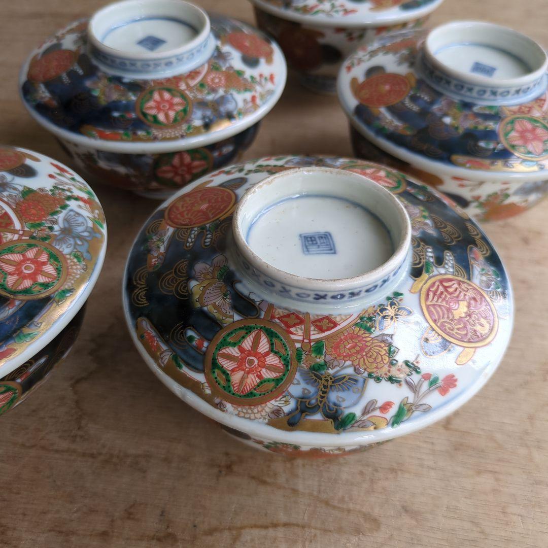 骨董 古伊万里 染錦 蓋茶碗 茶碗 煮物碗 色絵 アンティーク 5つ〜