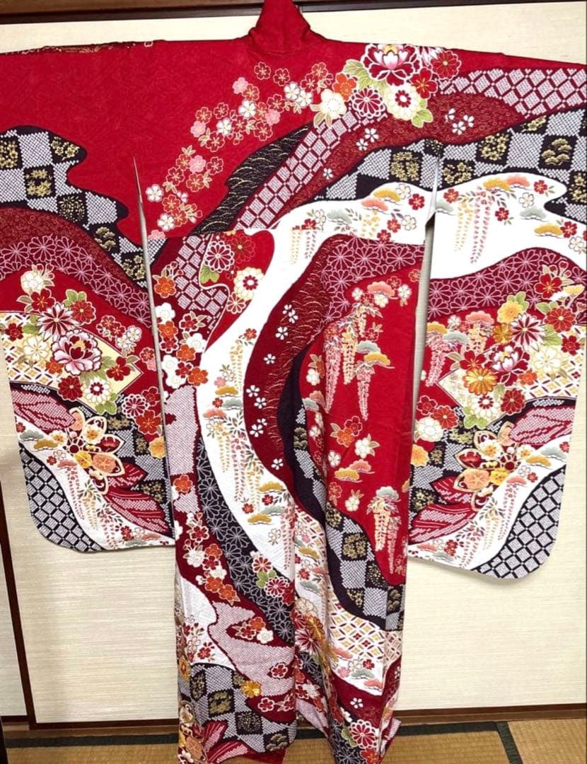 赤 吉祥文様 華 振袖 身丈161