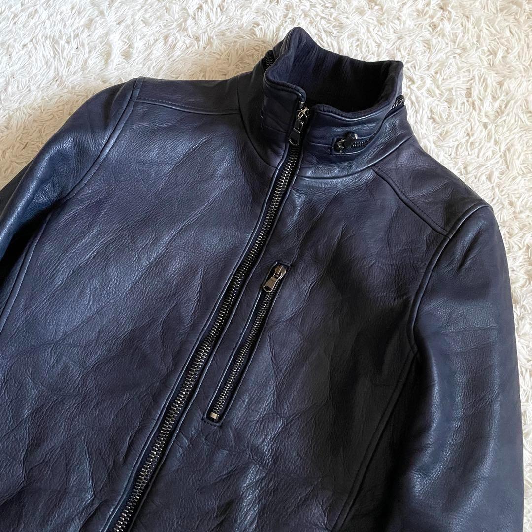【美品】ジュンハシモト インナーライダースジャケット 牛革 シワ加工 紺 M