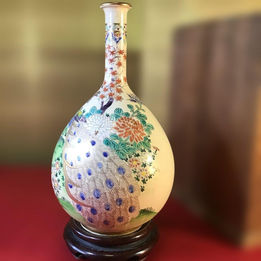 時代物　白薩摩焼　孔雀鶴首瓶