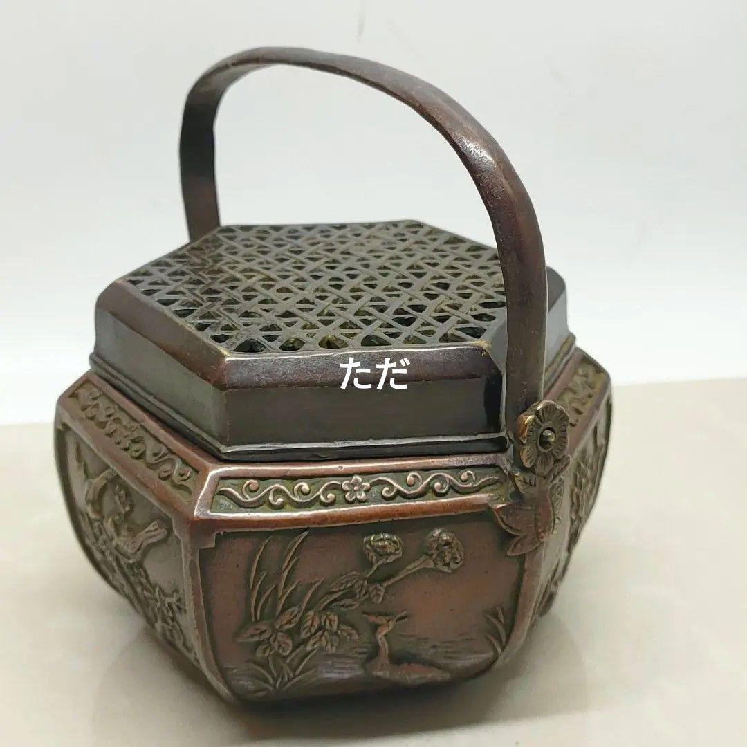 銅製 提梁暖手炉 喜上枝頭手提げ暖手炉 香炉 香道具 装飾品 工芸品 置物