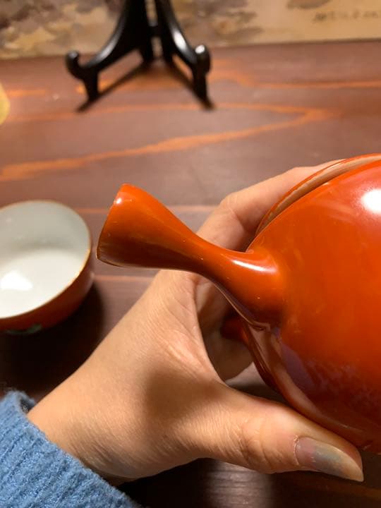 九谷焼 珊瑚紅釉 茶壺 直須 茶碗