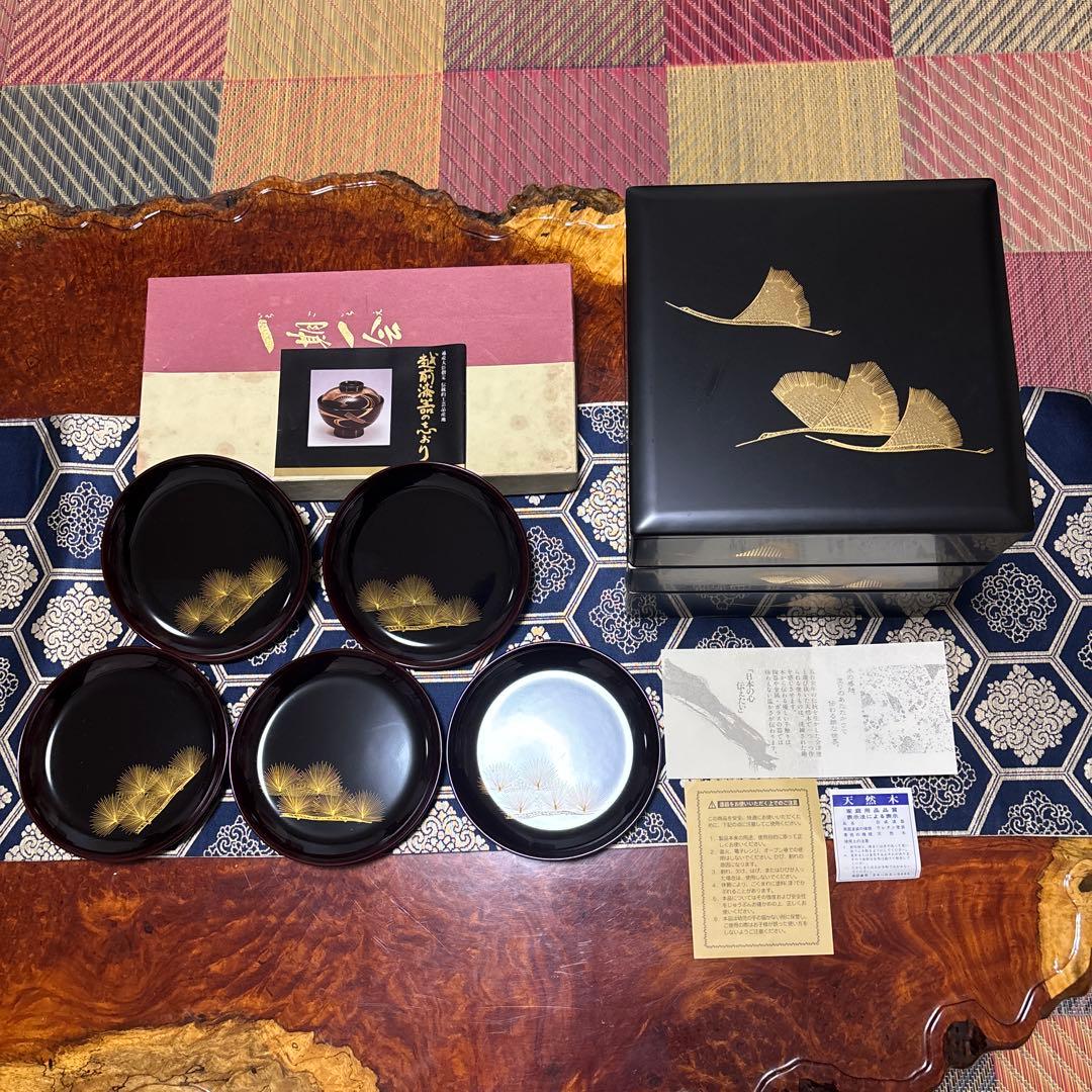 越前漆器 皿5枚セット 、会津塗金色の松の葉模様三段重箱