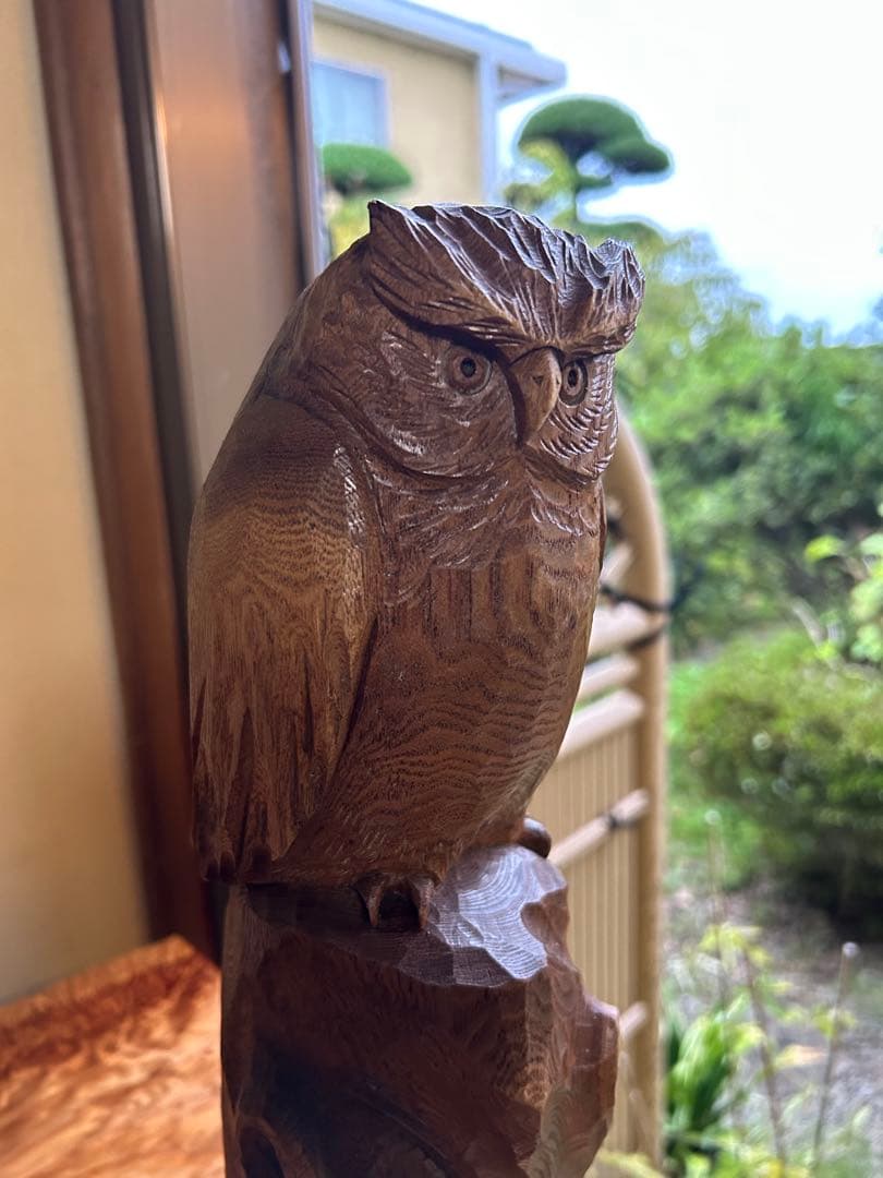 フクロウの木彫彫刻 大場貞義（貞光）作　 【縁起物 希少逸品】送料込み