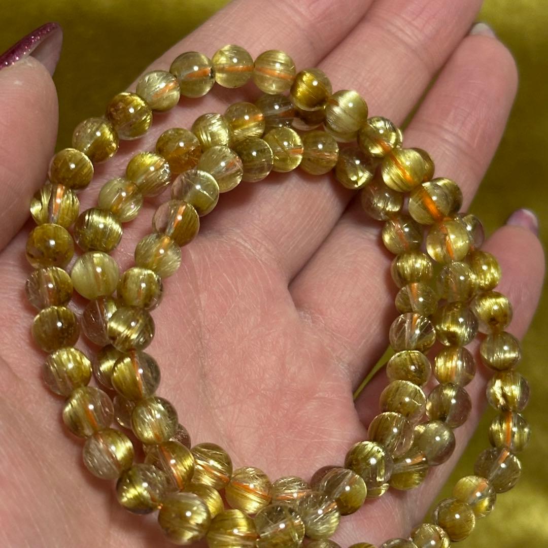 最高品質 タイチン ルチルクォーツ 3連 ブレスレット 一点物 6mm 天然石