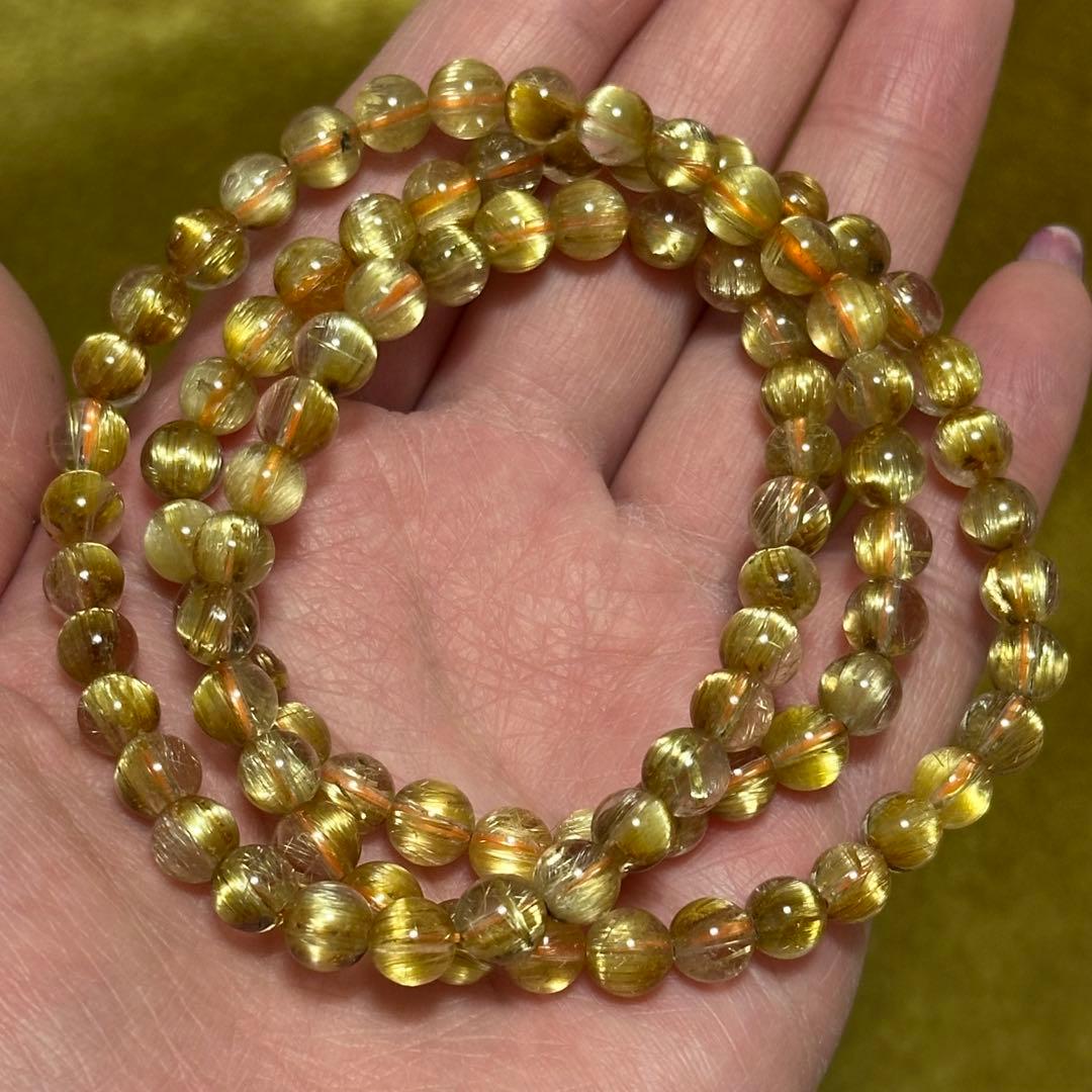 最高品質 タイチン ルチルクォーツ 3連 ブレスレット 一点物 6mm 天然石