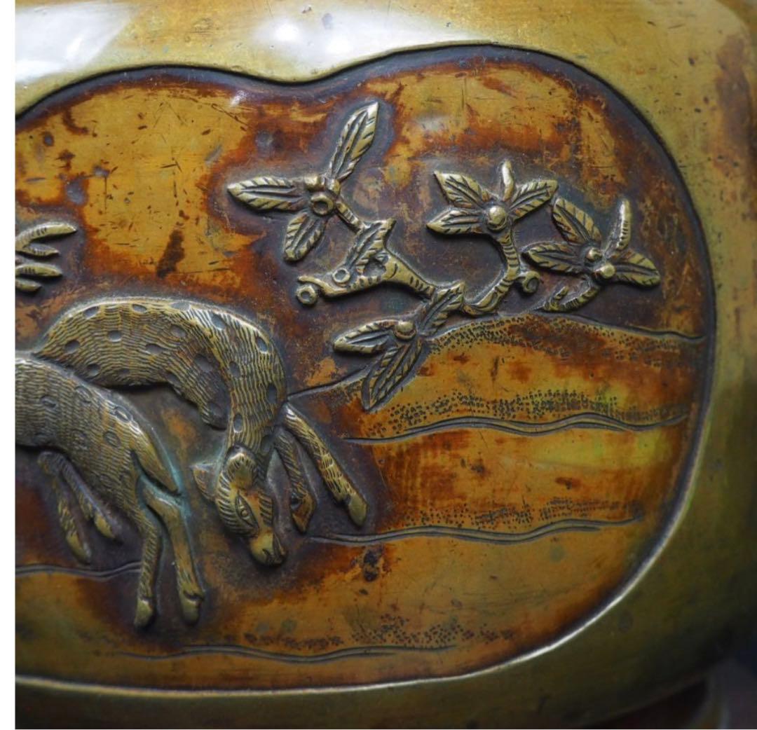 送料無料　高肉彫　江戸時代宣徳銅花鳥文彫刻火鉢　②