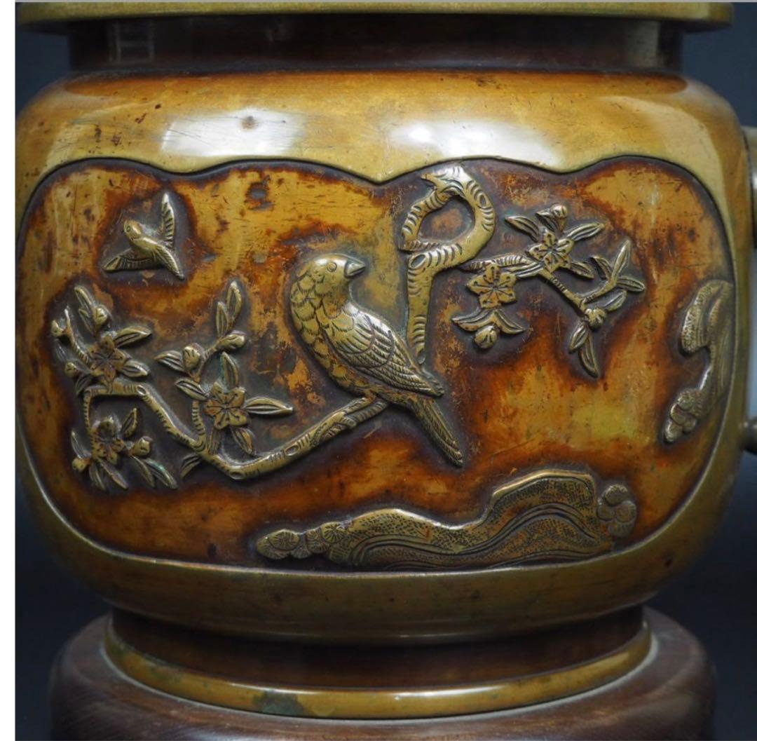 送料無料　高肉彫　江戸時代宣徳銅花鳥文彫刻火鉢　②