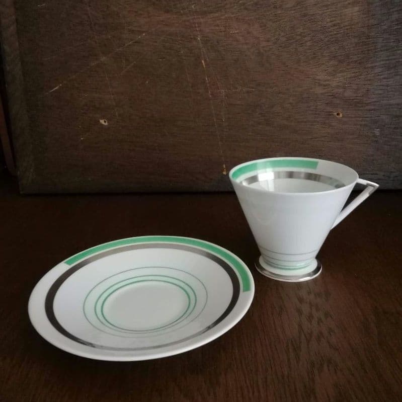 逸品　 シェリー　カッブ＆ソーサー　アールデコ　銀彩幾何学模様アンティーク