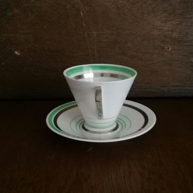 逸品　 シェリー　カッブ＆ソーサー　アールデコ　銀彩幾何学模様アンティーク