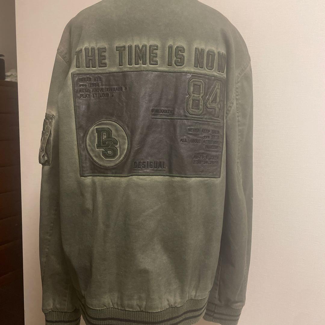 hott:DESIGUALバックレザー刺繍ミリタリーモスグリーンブルゾン