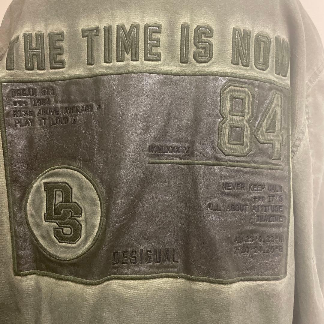 hott:DESIGUALバックレザー刺繍ミリタリーモスグリーンブルゾン