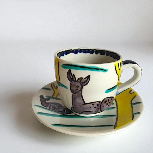 九谷焼 海部公子 絵付け カップ＆ソーサー 1客 共箱 黄布 経歴書 直筆サイン