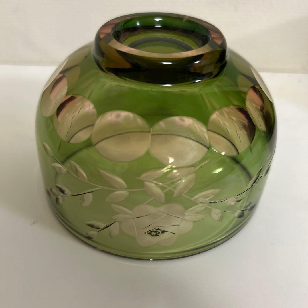 ぴ*ん様 ぎやまん　義山　北一ガラス　切子　抹茶椀　グリーン×ピンク