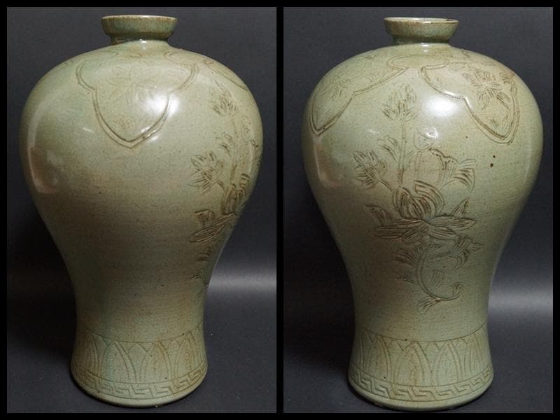 高麗時代 青磁象嵌『蓮花文』 梅瓶 大型飾壺 高さ30.5cm 花器 華道具