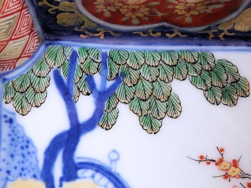 大聖寺伊万里　金襴手　桃に柘榴　大樹に欄干の図　四方角向付　E101AS-CQi