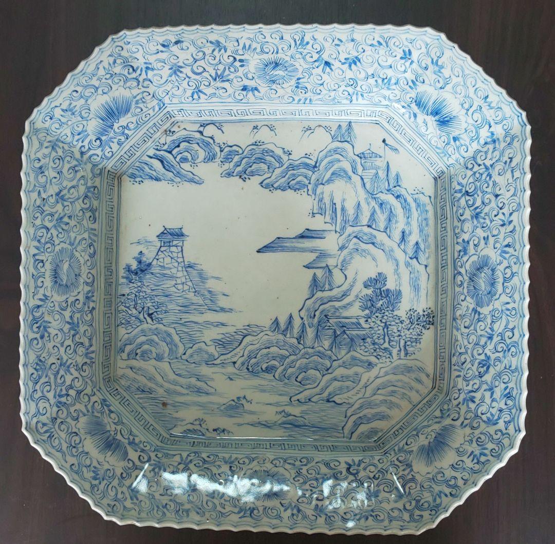 中国陶器 大明成化年製 山水図 青白磁 八角形の風景大皿