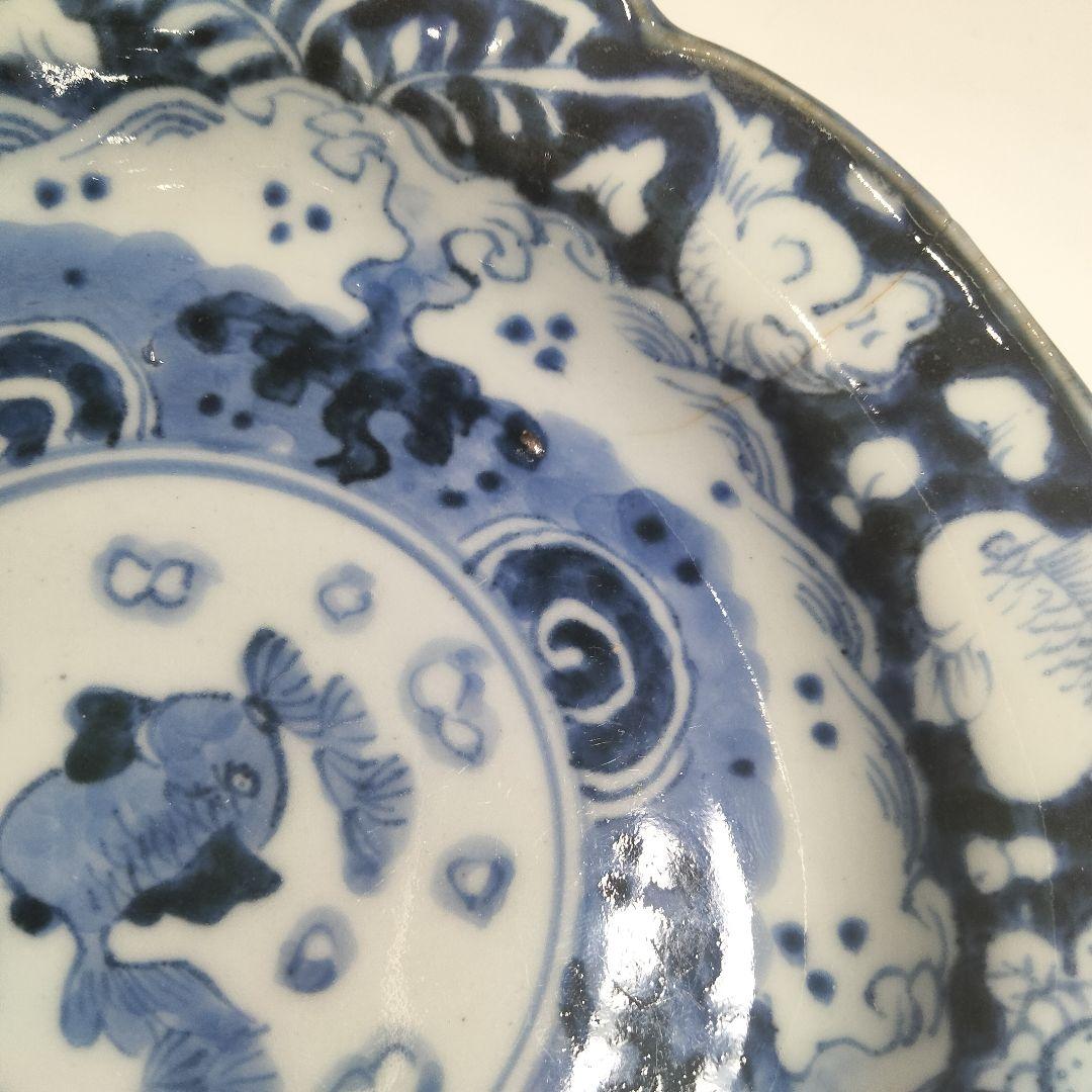 Ｙ556-6 明治期 古伊万里 染付 中皿 魚文 直径17㎝ QQQ