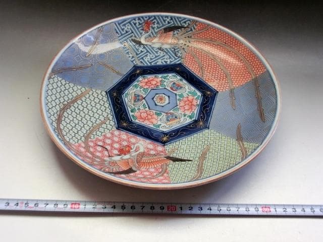 大皿■鳳凰幾何学模様色絵皿 7角花唐草紋 古伊万里 赤絵 時代物 古い骨董品■
