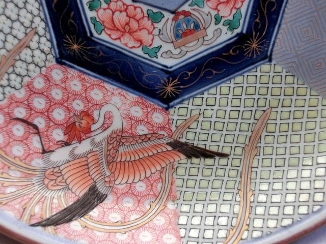 大皿■鳳凰幾何学模様色絵皿 7角花唐草紋 古伊万里 赤絵 時代物 古い骨董品■