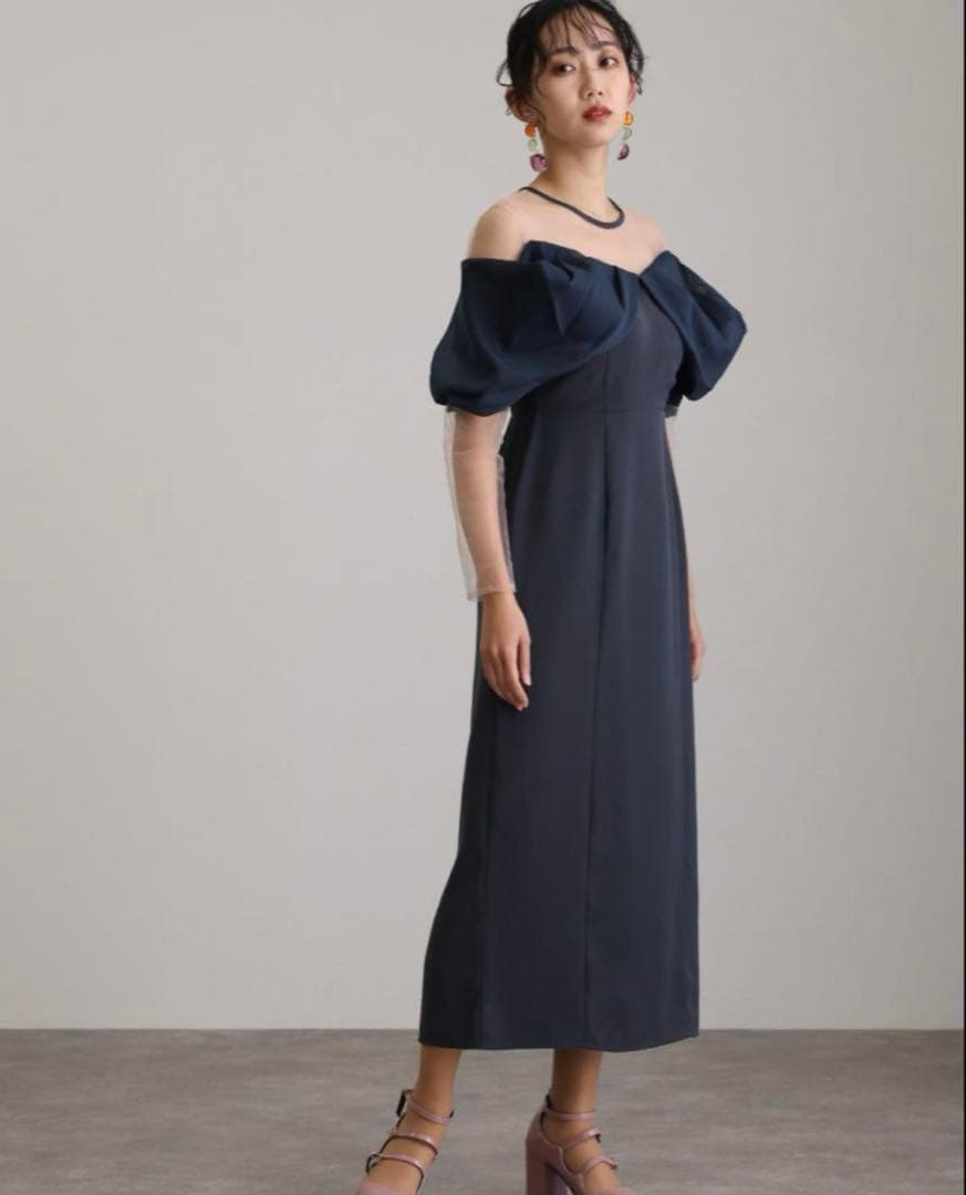 ネイビー オフショルダー パーティードレス