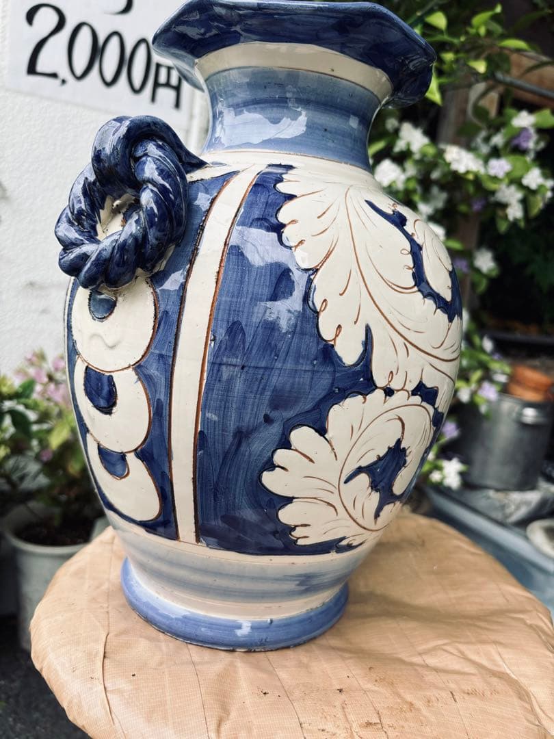 青と白の陶器花瓶 フラワーベース 極美品 激安大安売り