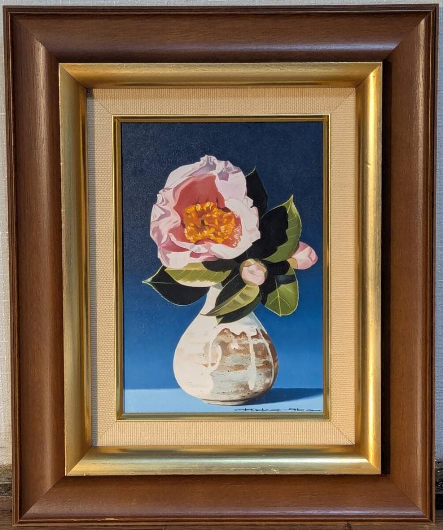 【真作】絵画　安倍英夫　油彩SM　寒椿　静物画　白陶花瓶に椿　X4