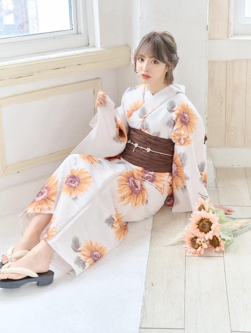 新品 浴衣 セット 浴衣セット ゆかた 大人 レディース 白 向日葵 Y4-53