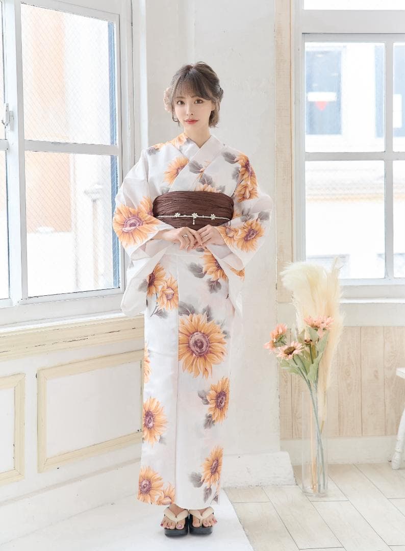 新品 浴衣 セット 浴衣セット ゆかた 大人 レディース 白 向日葵 Y4-53
