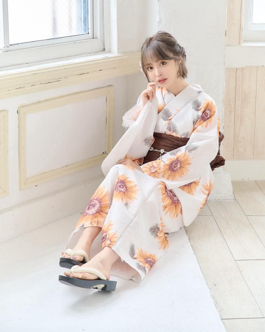 新品 浴衣 セット 浴衣セット ゆかた 大人 レディース 白 向日葵 Y4-53