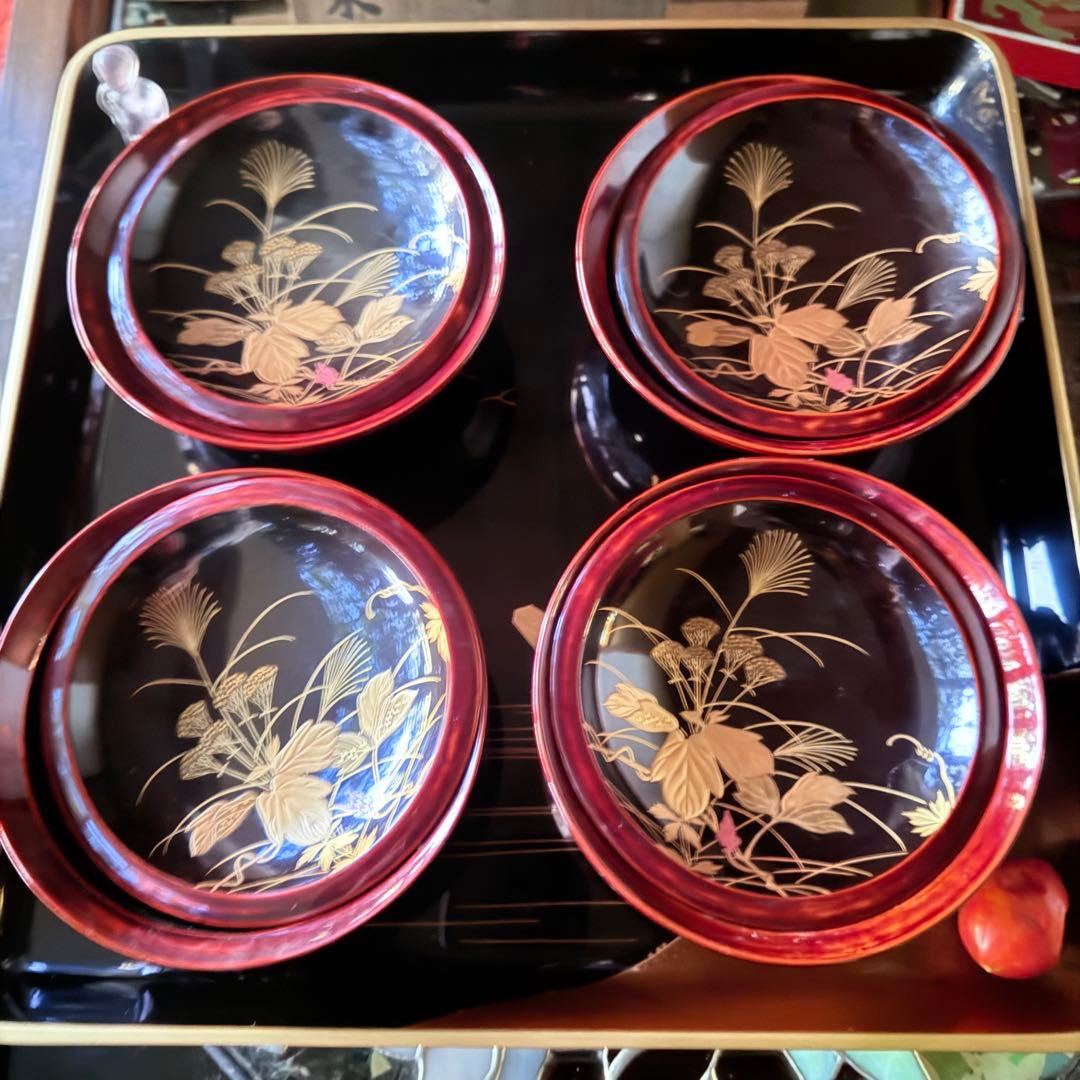 2215様感謝‼️感謝特別価格‼️超絶JAPAN蒔絵あけぼの❌黒蒔絵茶懐石吸物椀5客