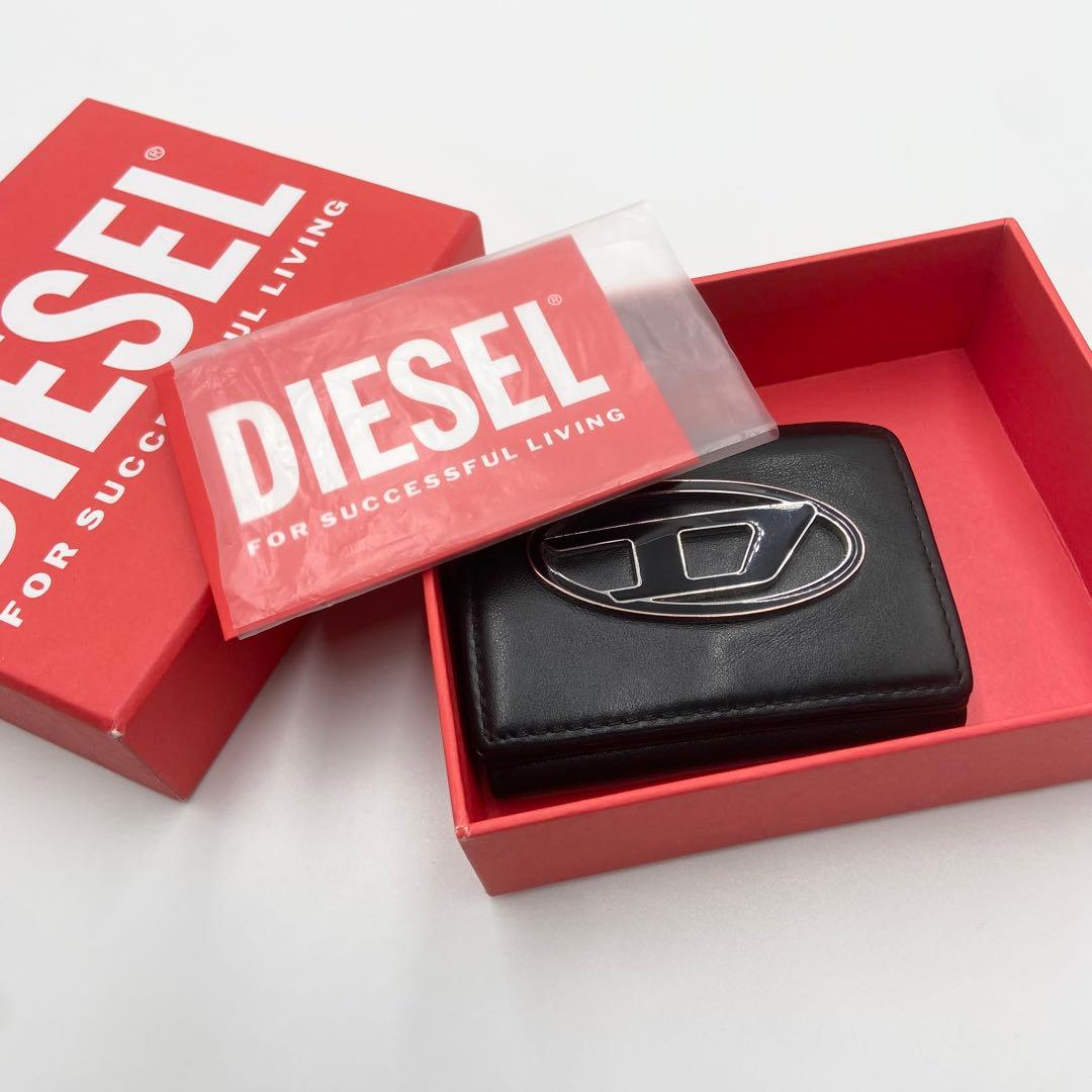 極美品　DISEL 三つ折り財布　1dr オーバル　ロゴ金具　レザー　ブラック