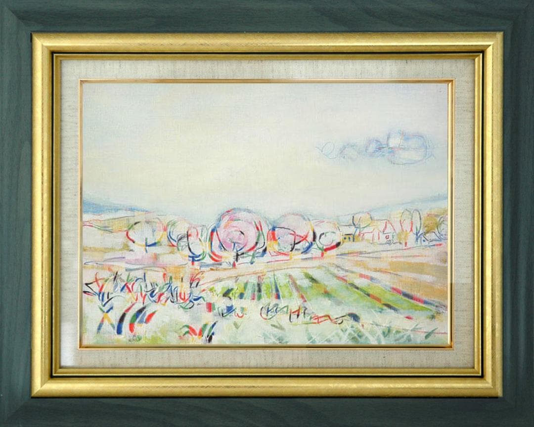 絵画 インテリア 絵 額付(黒) 油絵 F4-080311 風景 畑と木