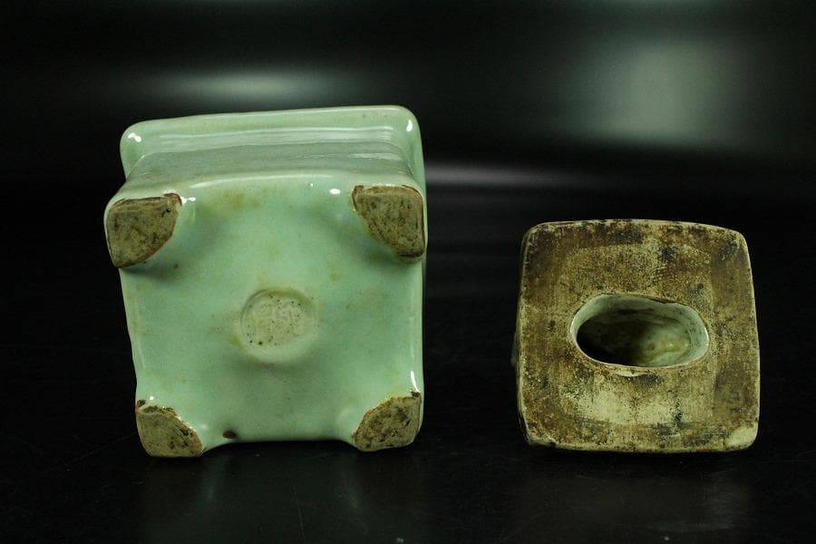 茶道具 青磁 獅子蓋 四方 香炉(K-A359)