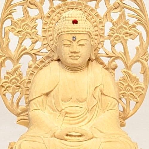 【フォロー割・新品】 釈迦如来座像　黄楊　総高さ約15.5㎝　丸形台座付　釈迦