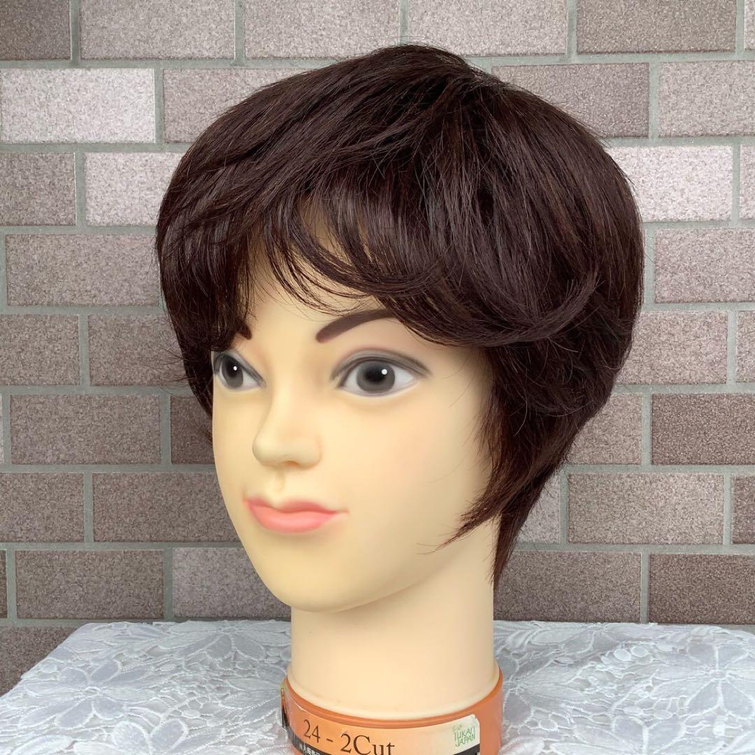 人毛100% 手植えフルウィッグ 医療ウィッグ ショートカール 茶ダークブラウン