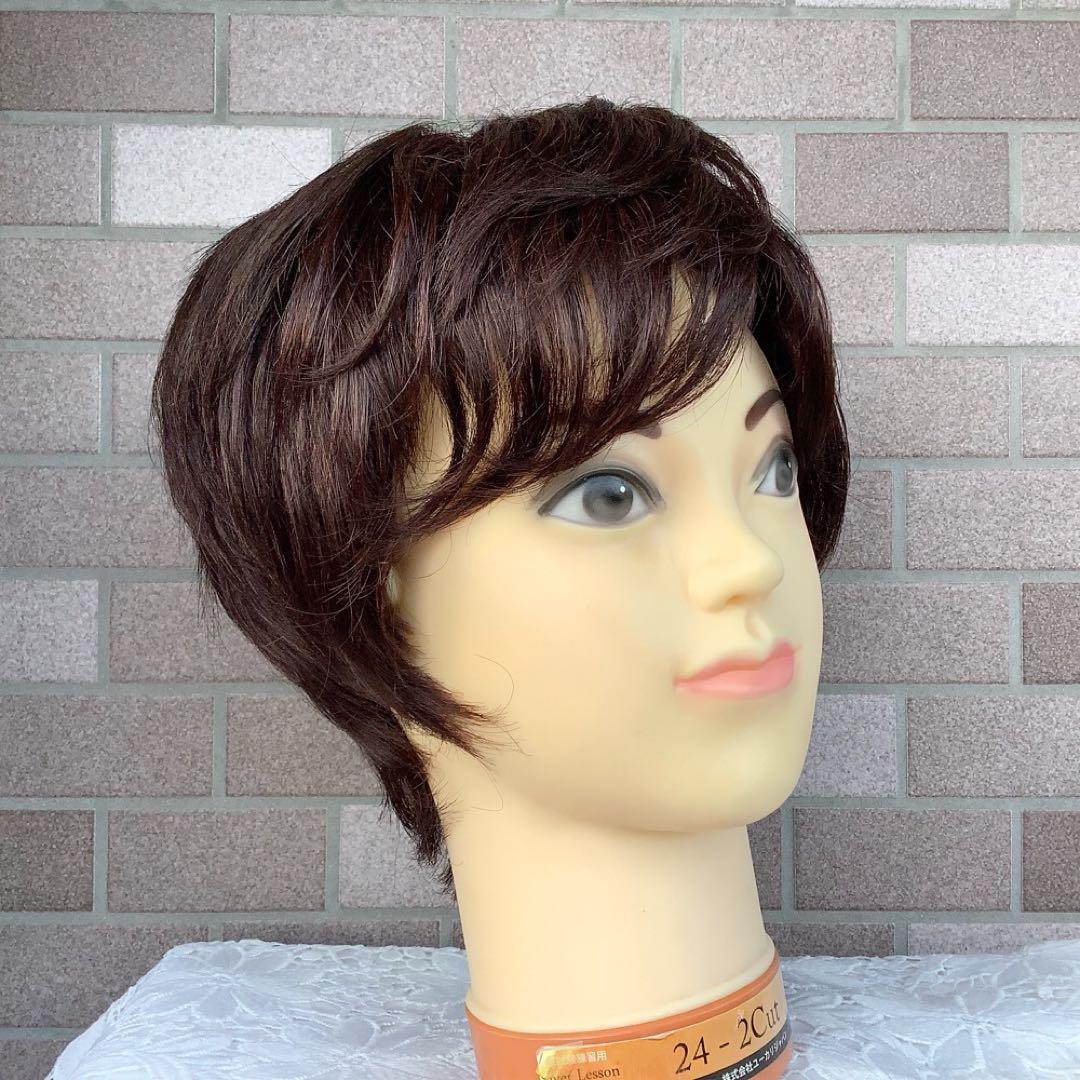 人毛100% 手植えフルウィッグ 医療ウィッグ ショートカール 茶ダークブラウン