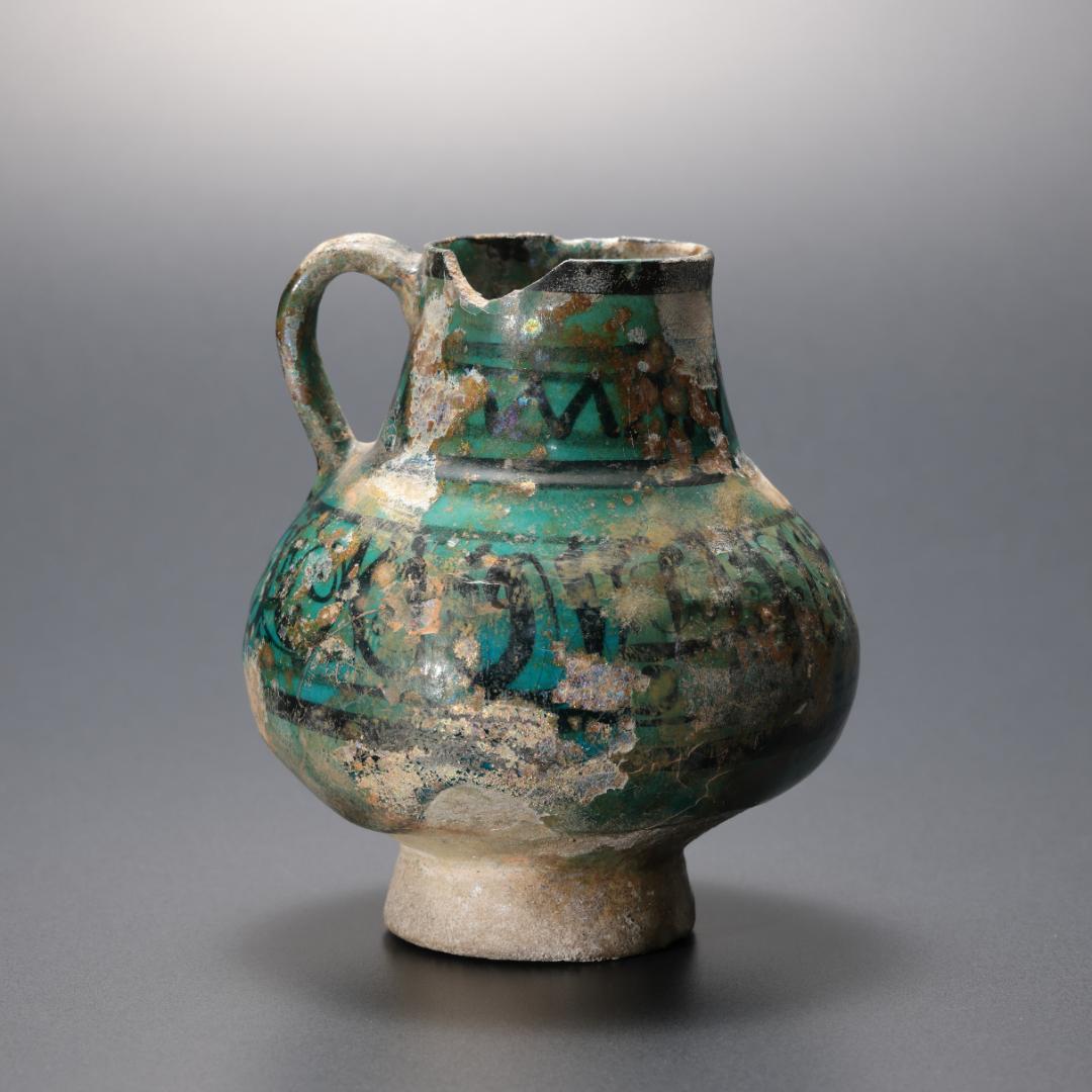 ペルシャ 青釉黒彩手つき水注 　イラン　アンティーク　R1182て