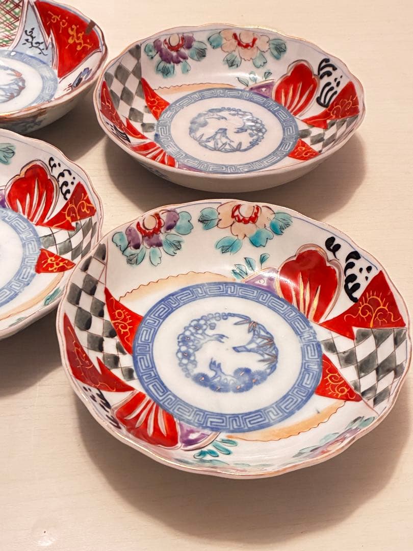 古伊万里なます皿　江戸時代 色絵金彩 膾皿　 輪花　美品4枚セット