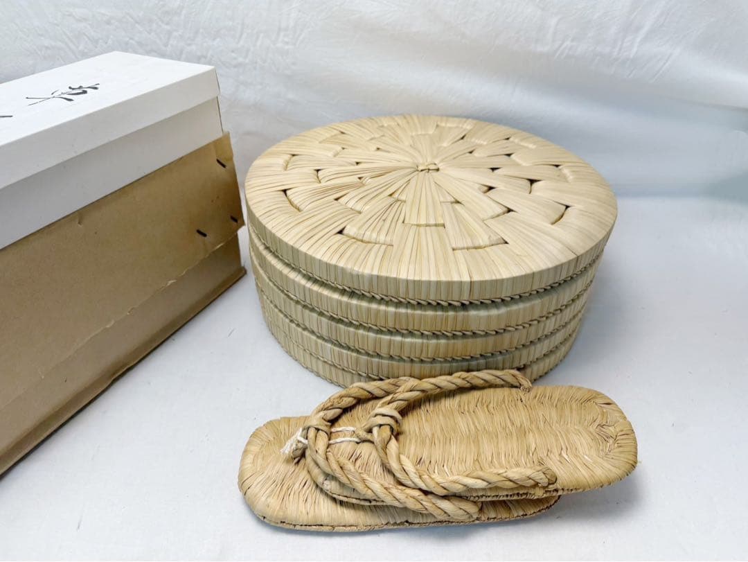 未使用 茶道具 露地道具 円座 5客揃 藁竹 露地草履 一足 水屋道具 紙箱