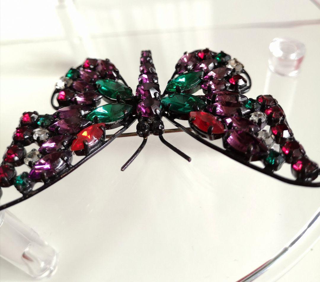ビンテージ ブローチ チェコ硝子 バタフライ 5色クリスタル装飾 238