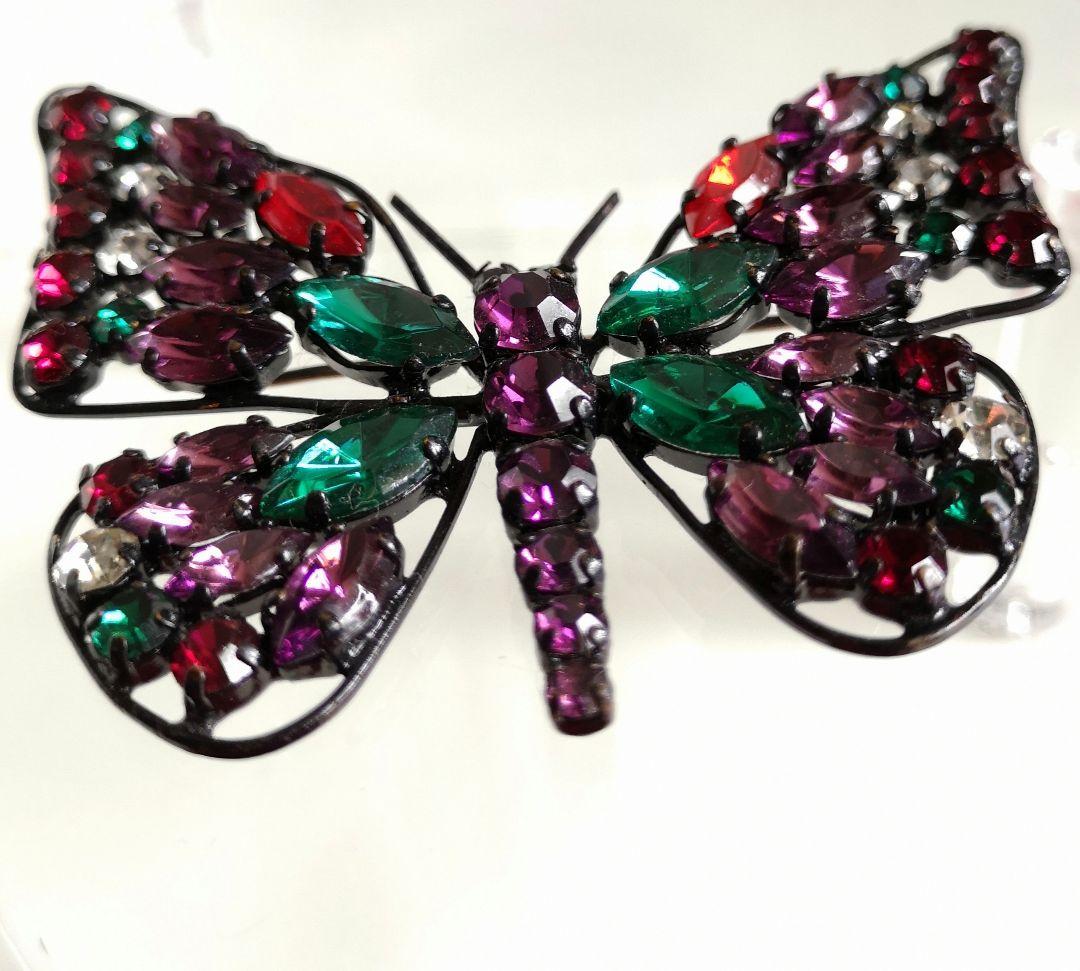 ビンテージ ブローチ チェコ硝子 バタフライ 5色クリスタル装飾 238