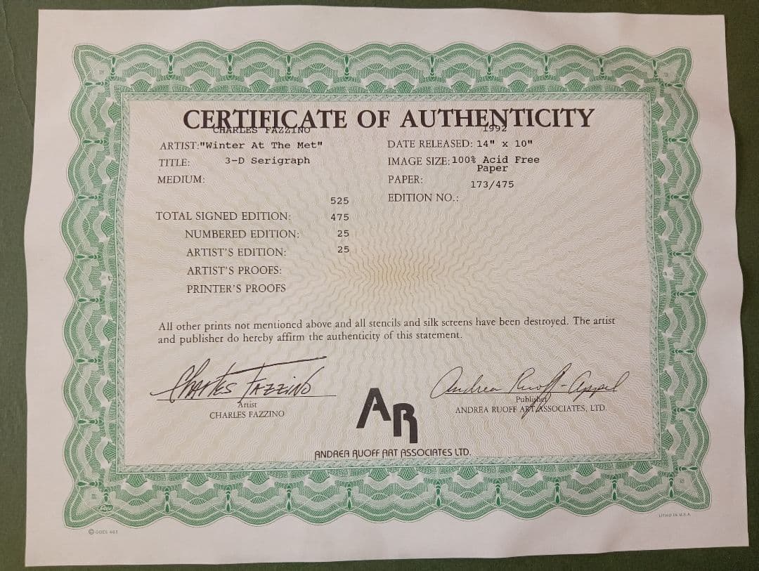 売約予定。チャールズファジーノ　Winter At The Met　鑑定書付き