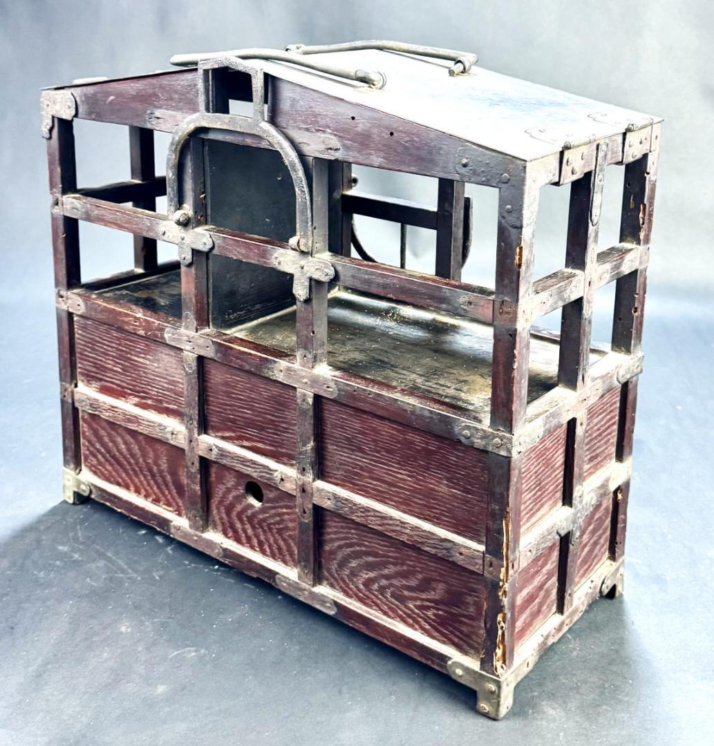 江戸時代 岡持ち 木製二段式野弁当箱 担ぎ式 茶道具 遊山箱 唐木WWWT028