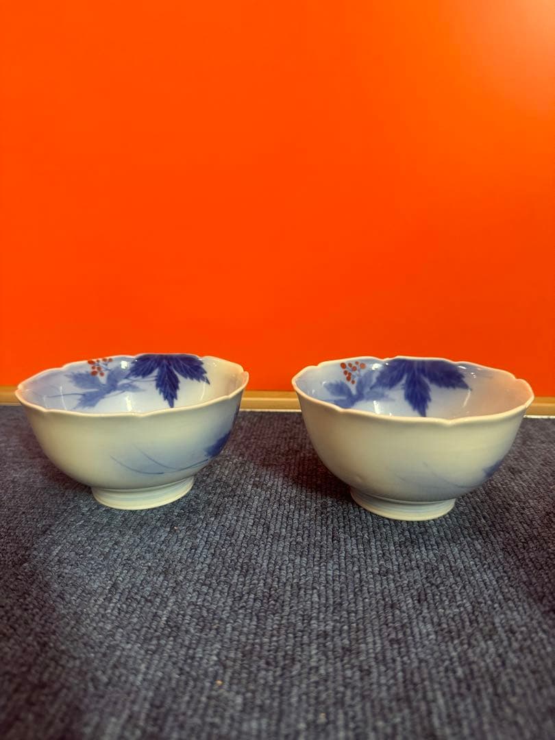 1707 深川製磁　染付葡萄絵　花型鉢　3客